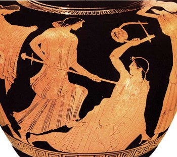 H δολοφονία του Ορφέα στον Όλυμπο από τις γυναίκες της Πιερίας σε ερυθρόμορφες παραστάσεις αγγείων του 5ου αι. π.Χ. : Στάμνος των μέσων του 5ου αι. π.Χ. στο Λούβρο 