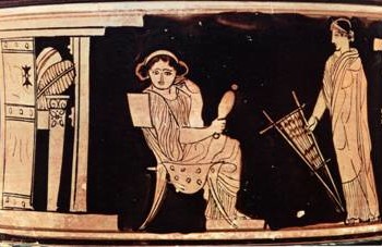 Γυναίκα με τη ρόκα της και δεύτερη με κέντημα. Ερυθρόμορφη παράσταση σε πυξίδα. Παρίσι, Μουσείο Λούβρου 