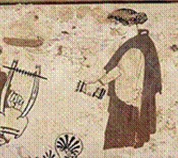 Μούσες και βοσκός, μάλλον ο Ησίοδος, την ώρα που παραλαμβάνει το μουσικό χάρισμα στον Ελικώνα. Πήλινη πυξίδα (460-450 π.Χ.) με γραπτή διακόσμηση σε λευκό βάθος (εδώ σε ανάπτυγμα) (Βοστώνη, Museum of Fine Arts) 